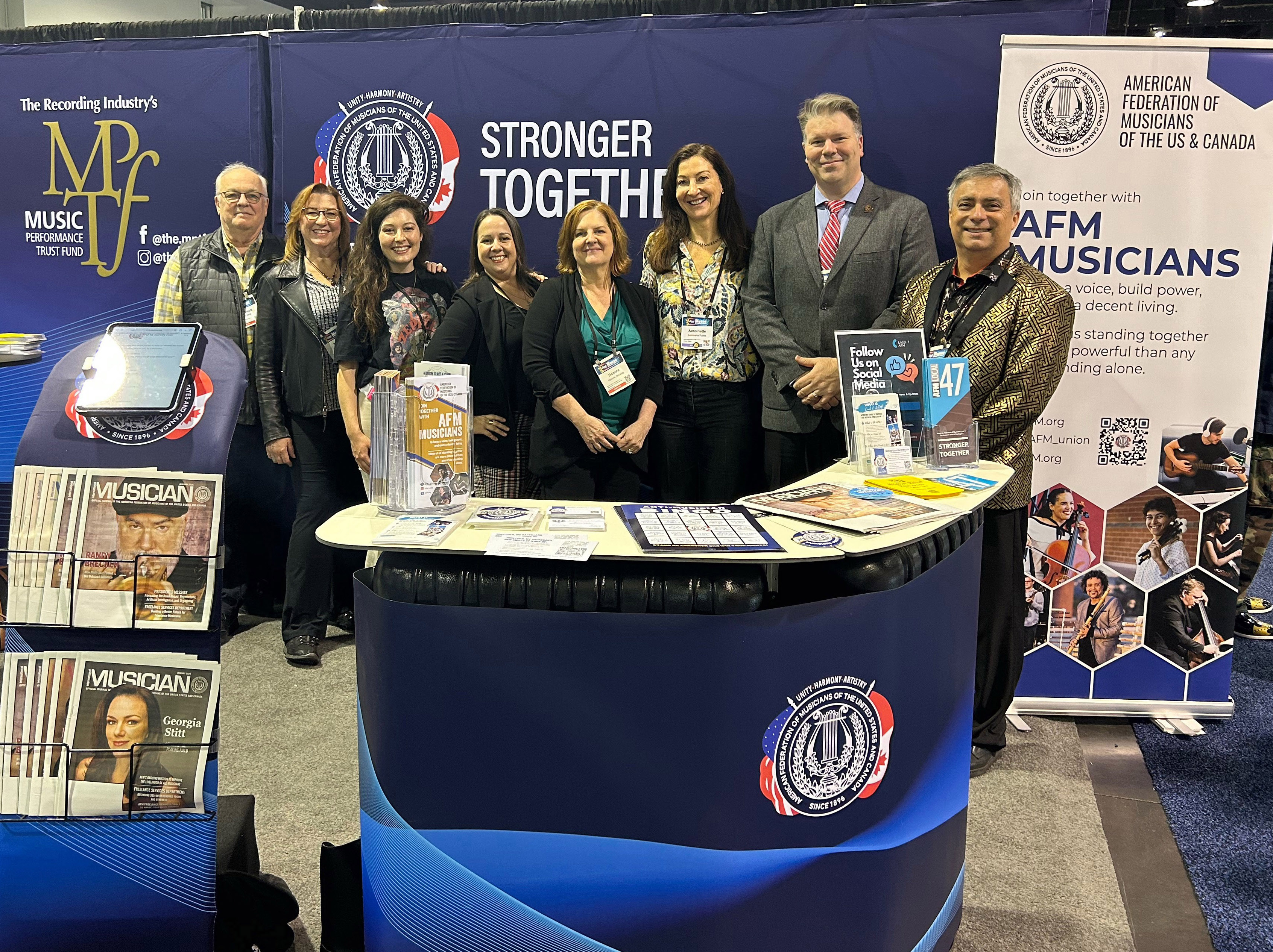 MPTF Trustee Dan Beck, AFM Local 7 Secretary/Treasurer Tammy Noreyko, AFM Local 47 Sound Recording Business Representative Jamie Vespa, AFM Local 47 Communications Director Linda Rapka, AFM International Musician Advertising Director Honore Stockley, AFM Director of Communications Antoinette Follet, AFM Director of Freelance Services Wages Argott, and AFM Local 7 President Edmund Velasco.